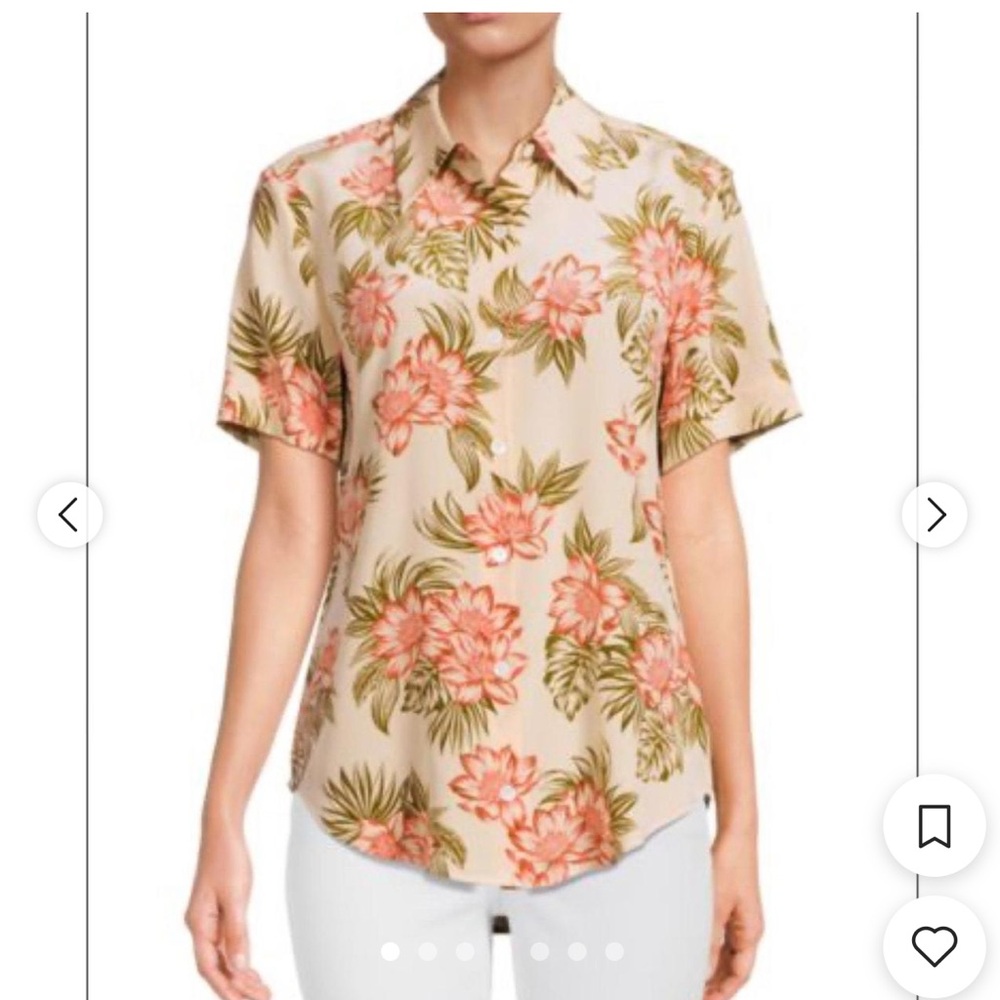 Equipment Beige Floral Short-Sleeve Collared Blouse with Coral Flowers